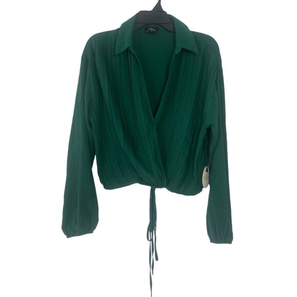 Deep V Neck Pleated Long Puff Sleeve Wrap Blouse - Picture 1 of 5